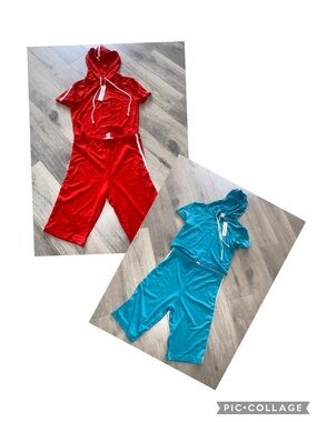 2 sets of 2 Capella Super Soft Hooded Loungewear sets, Red and Teal, Size MEDIUM